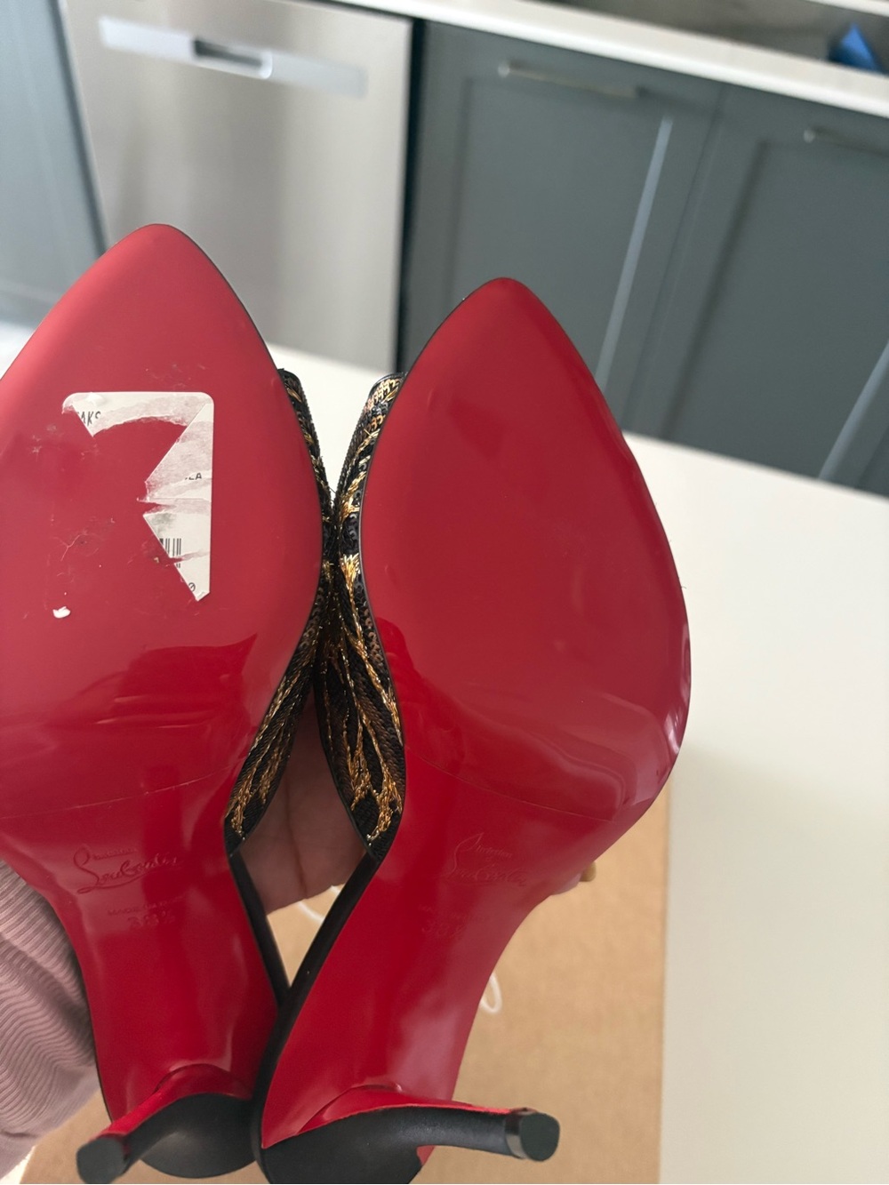 Christian Louboutin Black and Gold Embroidered Mule Heels - Picture 5 of 7